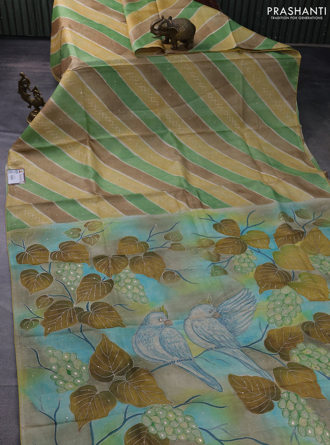 Pure tussar silk saree multi colour with stripes pattern & pita work and embroidery pallu