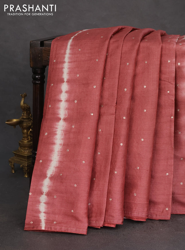 Pure tussar silk saree pastel maroon and grey shade with tie & dye prints & pita work and embroidery pallu