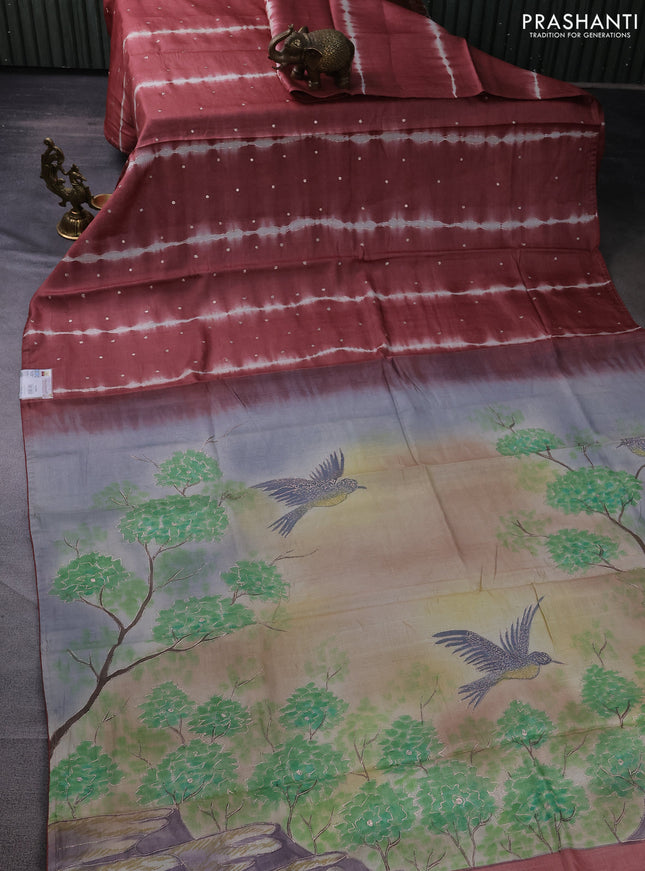 Pure tussar silk saree pastel maroon and grey shade with tie & dye prints & pita work and embroidery pallu