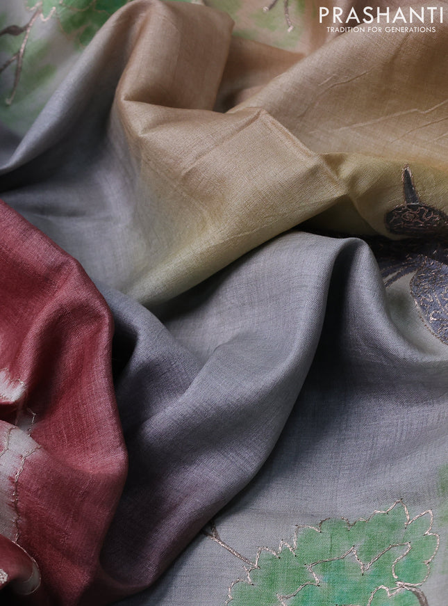 Pure tussar silk saree pastel maroon and grey shade with tie & dye prints & pita work and embroidery pallu