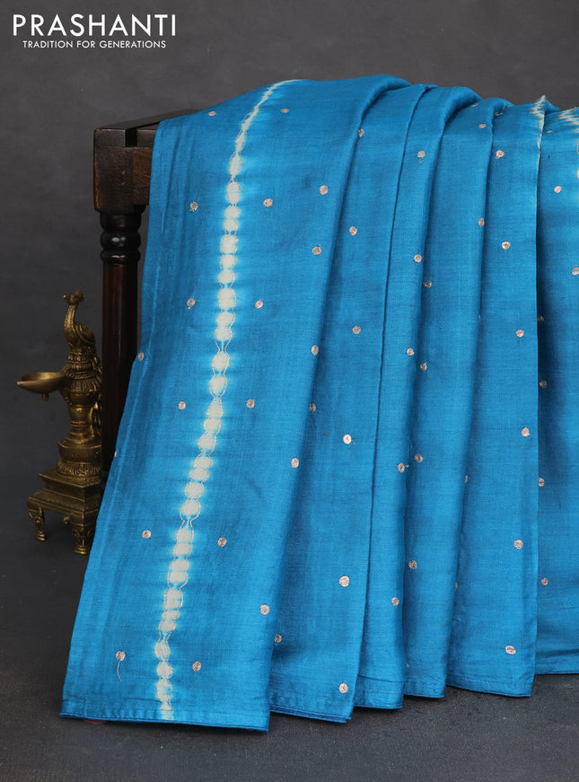 Pure tussar silk saree cs blue and beige with tie & dye prints & pita work and embroidery pallu