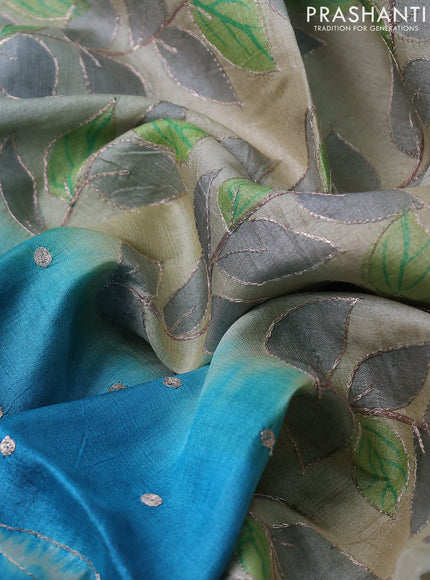 Pure tussar silk saree cs blue and beige with tie & dye prints & pita work and embroidery pallu