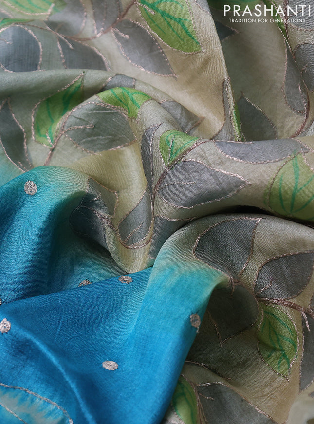 Pure tussar silk saree cs blue and beige with tie & dye prints & pita work and embroidery pallu