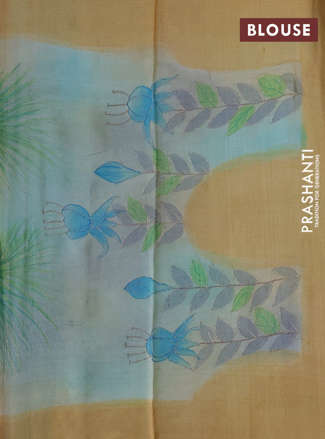 Pure tussar silk saree cs blue and beige with tie & dye prints & pita work and embroidery pallu