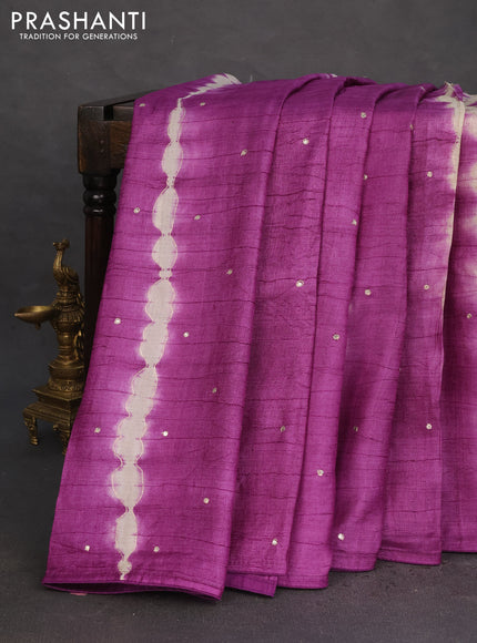Pure tussar silk saree purple and teal blue with tie & dye prints & pita work and embroidery pallu