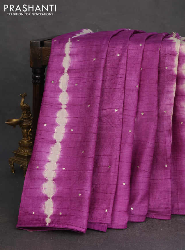 Pure tussar silk saree purple and teal blue with tie & dye prints & pita work and embroidery pallu