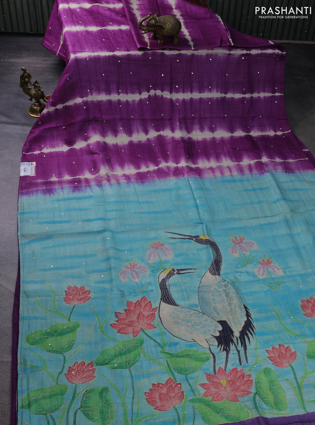 Pure tussar silk saree purple and teal blue with tie & dye prints & pita work and embroidery pallu