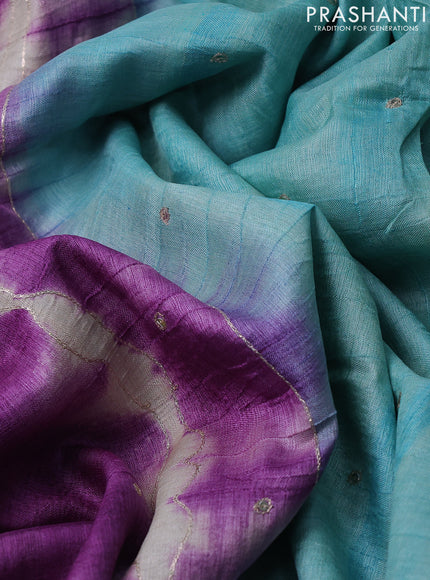 Pure tussar silk saree purple and teal blue with tie & dye prints & pita work and embroidery pallu