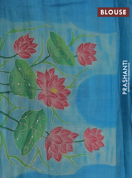 Pure tussar silk saree purple and teal blue with tie & dye prints & pita work and embroidery pallu