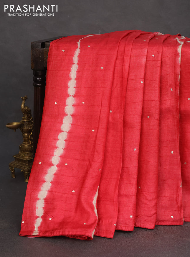 Pure tussar silk saree red and beige with tie & dye prints & pita work and embroidery pallu