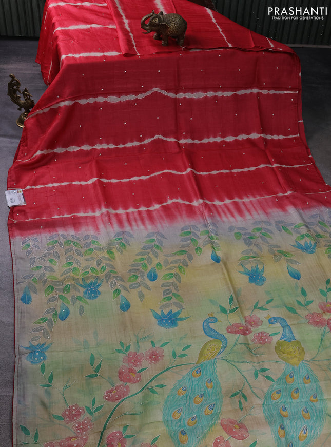 Pure tussar silk saree red and beige with tie & dye prints & pita work and embroidery pallu
