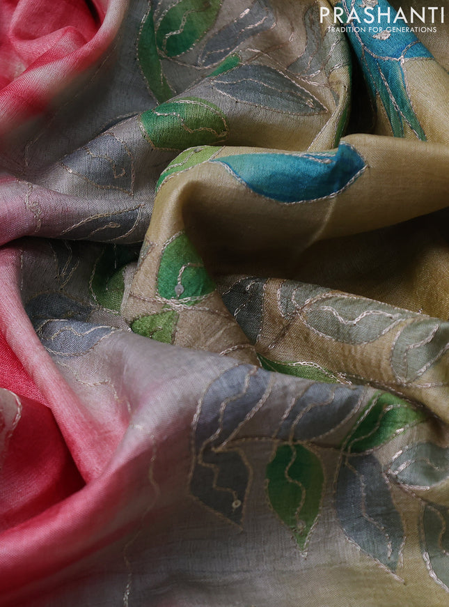 Pure tussar silk saree red and beige with tie & dye prints & pita work and embroidery pallu