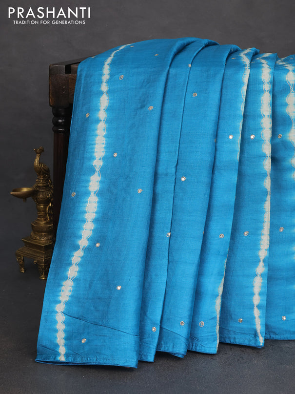 Pure tussar silk saree cs blue and pale yellow with tie & dye prints & pita work and embroidery pallu