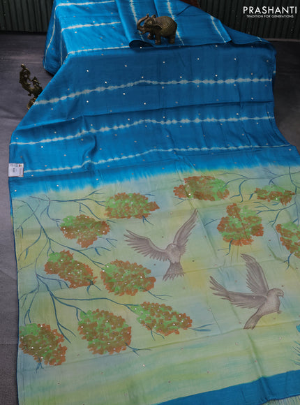 Pure tussar silk saree cs blue and pale yellow with tie & dye prints & pita work and embroidery pallu