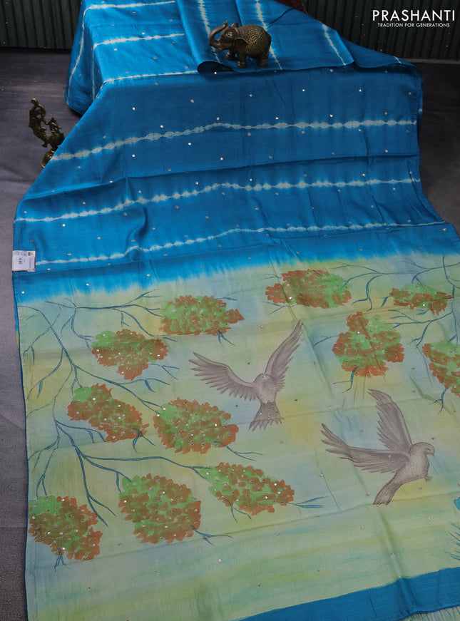 Pure tussar silk saree cs blue and pale yellow with tie & dye prints & pita work and embroidery pallu