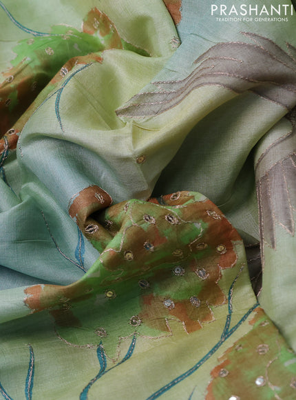 Pure tussar silk saree cs blue and pale yellow with tie & dye prints & pita work and embroidery pallu