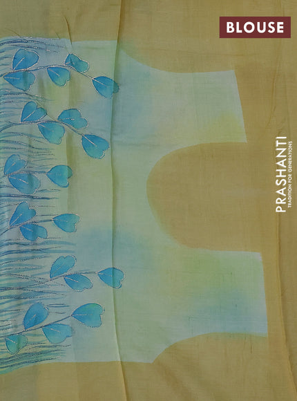 Pure tussar silk saree cs blue and pale yellow with tie & dye prints & pita work and embroidery pallu