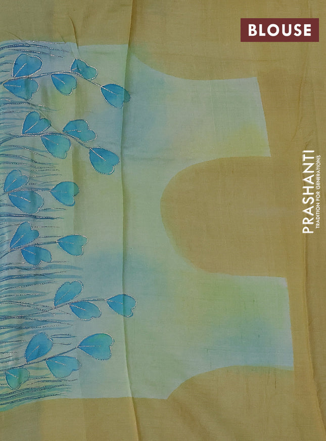 Pure tussar silk saree cs blue and pale yellow with tie & dye prints & pita work and embroidery pallu