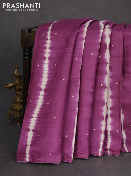 Pure tussar silk saree purple and beige with tie & dye prints & pita work and embroidery pallu