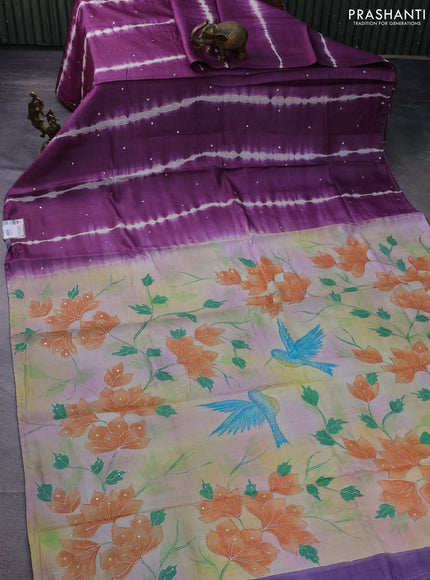 Pure tussar silk saree purple and beige with tie & dye prints & pita work and embroidery pallu