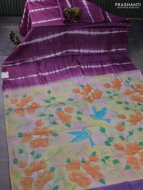 Pure tussar silk saree purple and beige with tie & dye prints & pita work and embroidery pallu