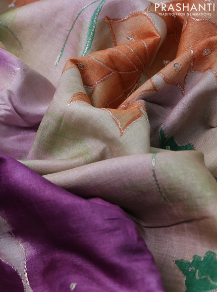 Pure tussar silk saree purple and beige with tie & dye prints & pita work and embroidery pallu