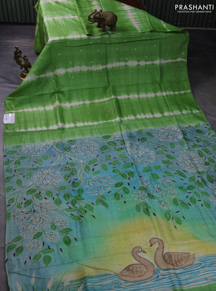 Pure tussar silk saree light green and beige with tie & dye prints & pita work and embroidery pallu