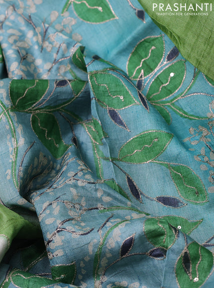 Pure tussar silk saree light green and beige with tie & dye prints & pita work and embroidery pallu