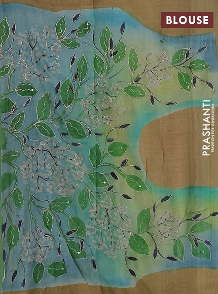 Pure tussar silk saree light green and beige with tie & dye prints & pita work and embroidery pallu