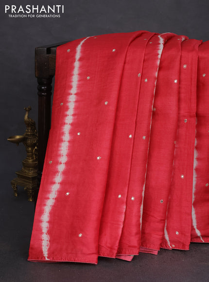 Pure tussar silk saree red and beige with tie & dye prints & pita work and embroidery pallu