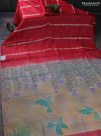 Pure tussar silk saree red and beige with tie & dye prints & pita work and embroidery pallu