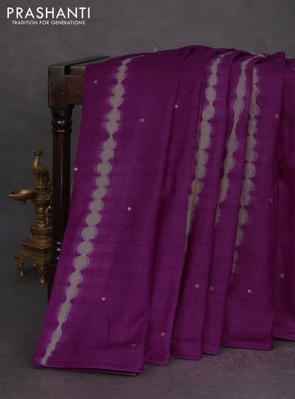 Pure tussar silk saree purple and multi colour with tie & dye prints & pita work and embroidery pallu