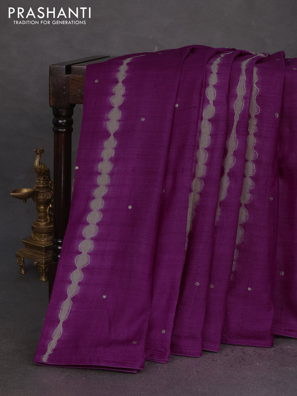 Pure tussar silk saree purple and multi colour with tie & dye prints & pita work and embroidery pallu