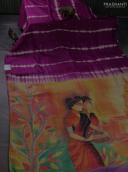 Pure tussar silk saree purple and multi colour with tie & dye prints & pita work and embroidery pallu
