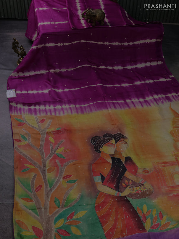 Pure tussar silk saree purple and multi colour with tie & dye prints & pita work and embroidery pallu