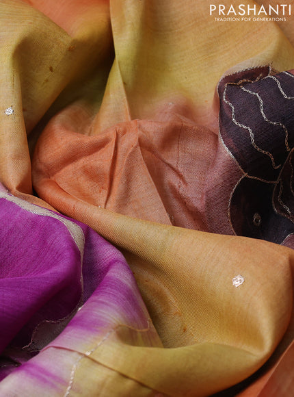 Pure tussar silk saree purple and multi colour with tie & dye prints & pita work and embroidery pallu