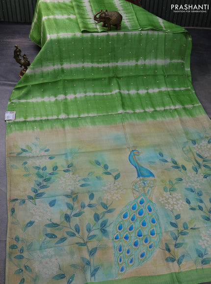 Pure tussar silk saree light green and beige with tie & dye prints & pita work and embroidery pallu