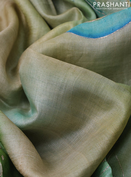 Pure tussar silk saree light green and beige with tie & dye prints & pita work and embroidery pallu