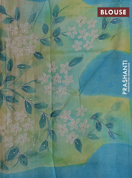 Pure tussar silk saree light green and beige with tie & dye prints & pita work and embroidery pallu