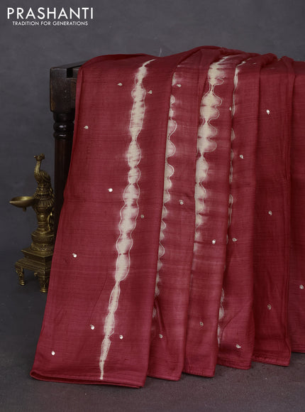 Pure tussar silk saree red and brown with tie & dye prints & pita work and embroidery pallu
