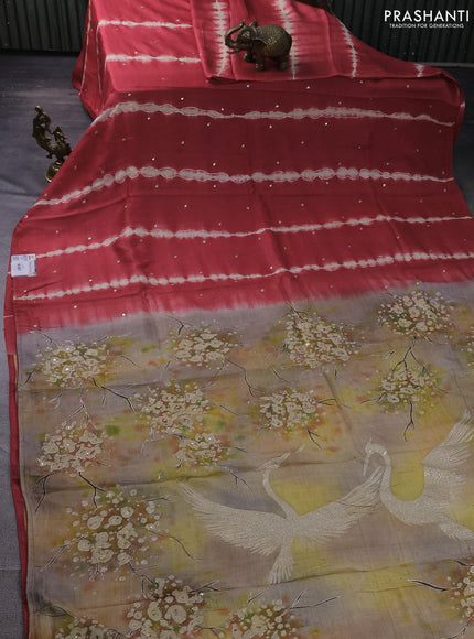 Pure tussar silk saree red and brown with tie & dye prints & pita work and embroidery pallu