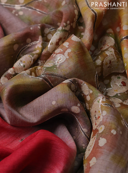 Pure tussar silk saree red and brown with tie & dye prints & pita work and embroidery pallu