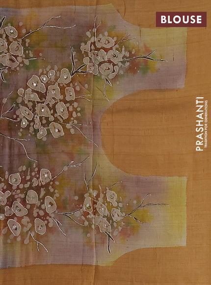 Pure tussar silk saree red and brown with tie & dye prints & pita work and embroidery pallu