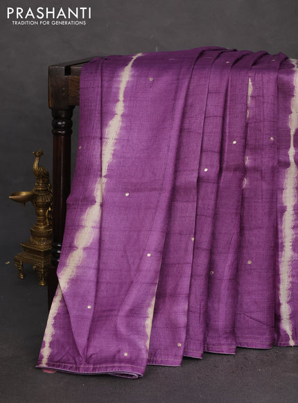 Pure tussar silk saree purple and multi colour with tie & dye prints & pita work and embroidery pallu
