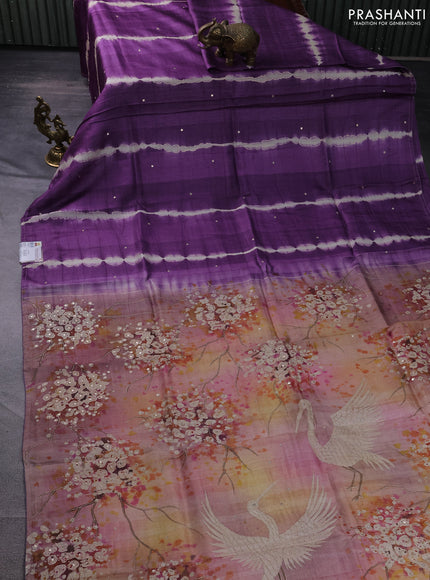 Pure tussar silk saree purple and multi colour with tie & dye prints & pita work and embroidery pallu