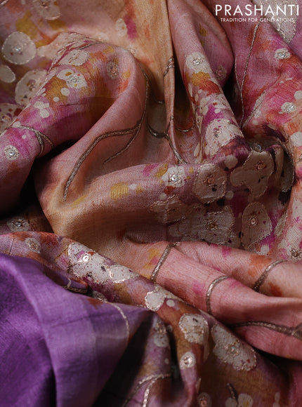 Pure tussar silk saree purple and multi colour with tie & dye prints & pita work and embroidery pallu