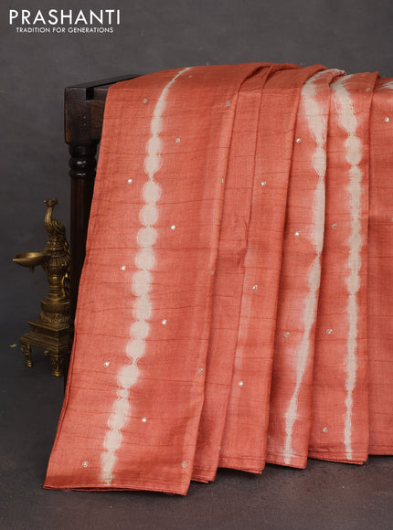 Pure tussar silk saree rust sgade and beige with tie & dye prints & pita work and embroidery pallu