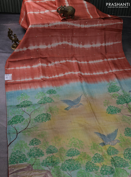 Pure tussar silk saree rust sgade and beige with tie & dye prints & pita work and embroidery pallu