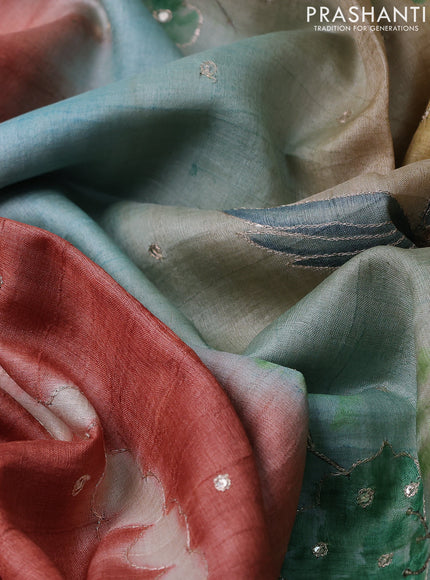 Pure tussar silk saree rust sgade and beige with tie & dye prints & pita work and embroidery pallu