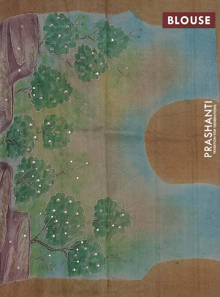 Pure tussar silk saree rust sgade and beige with tie & dye prints & pita work and embroidery pallu